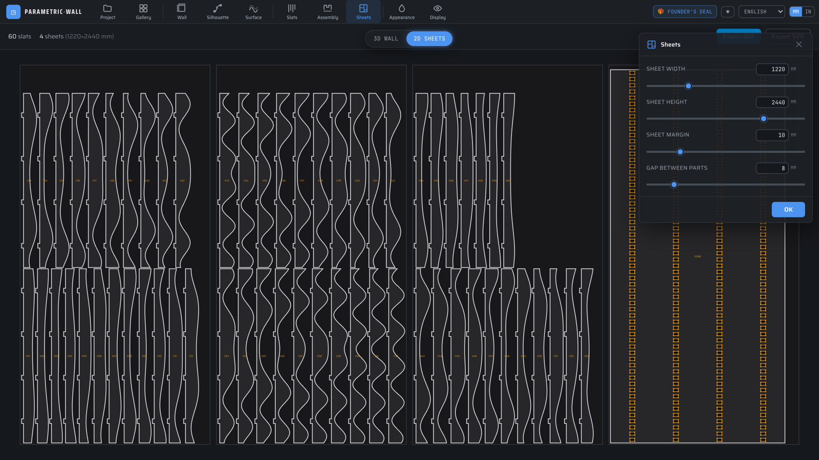 2D nested cutting sheets view