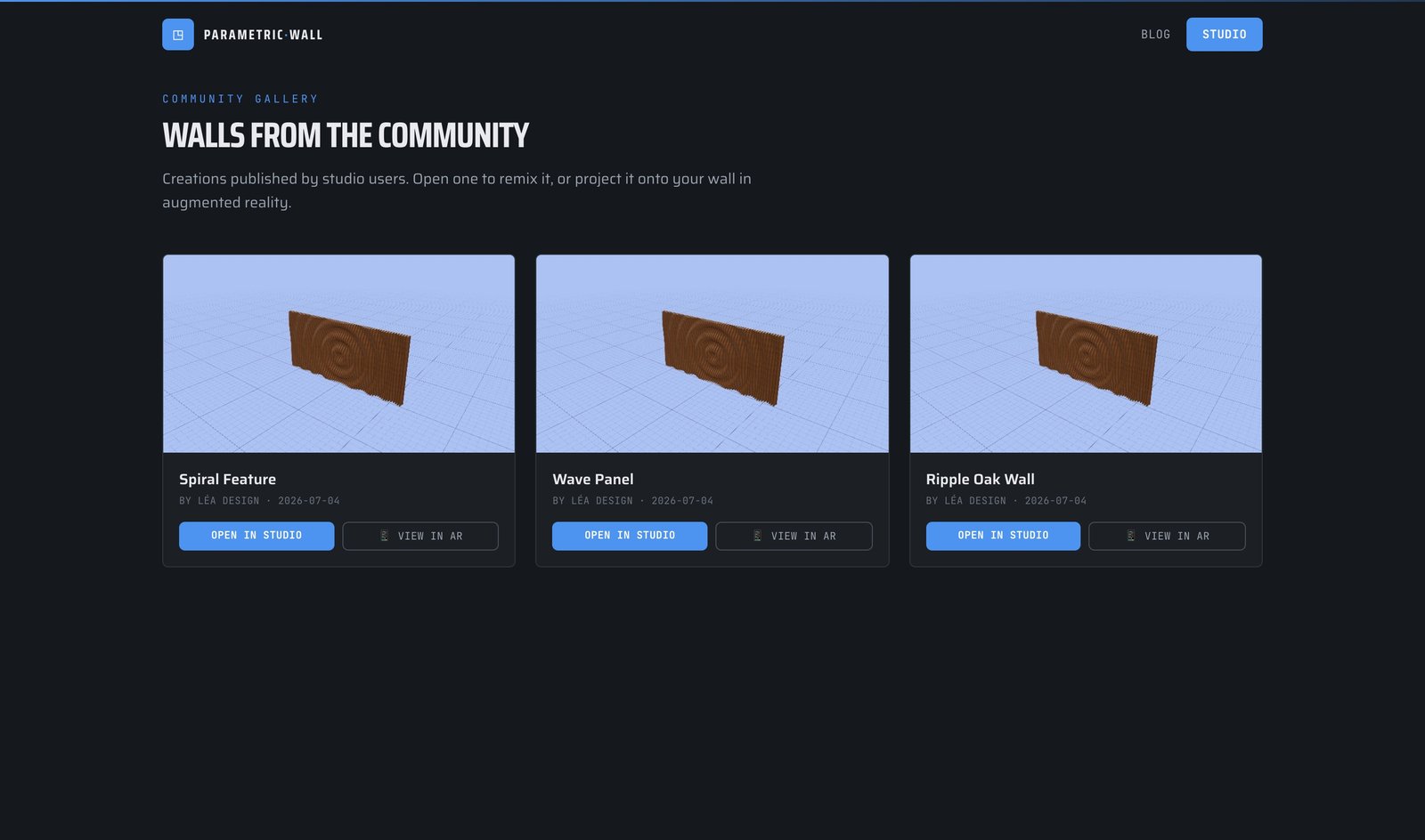 Community gallery with several creations
