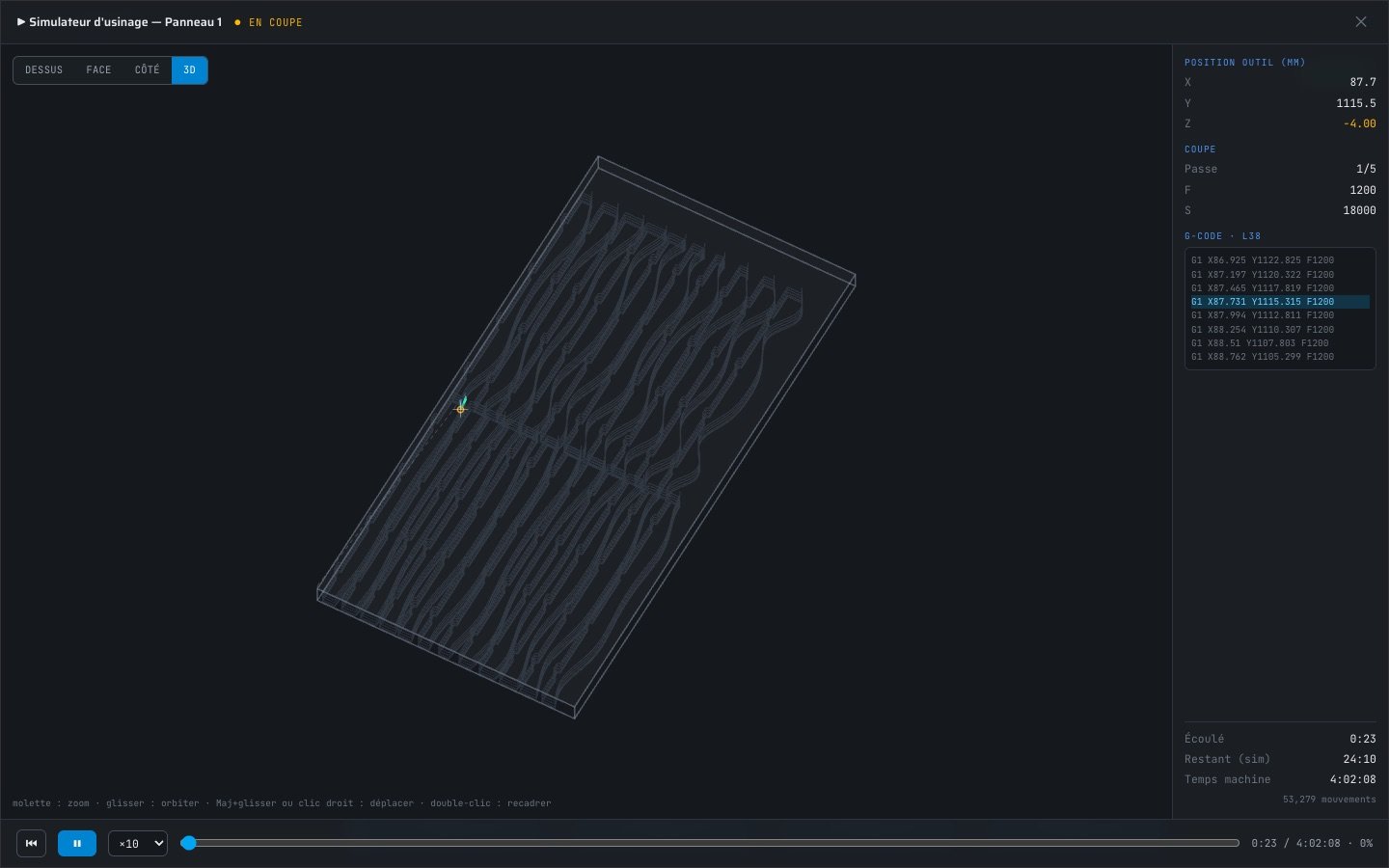 3D machining simulator with real-time readout panel