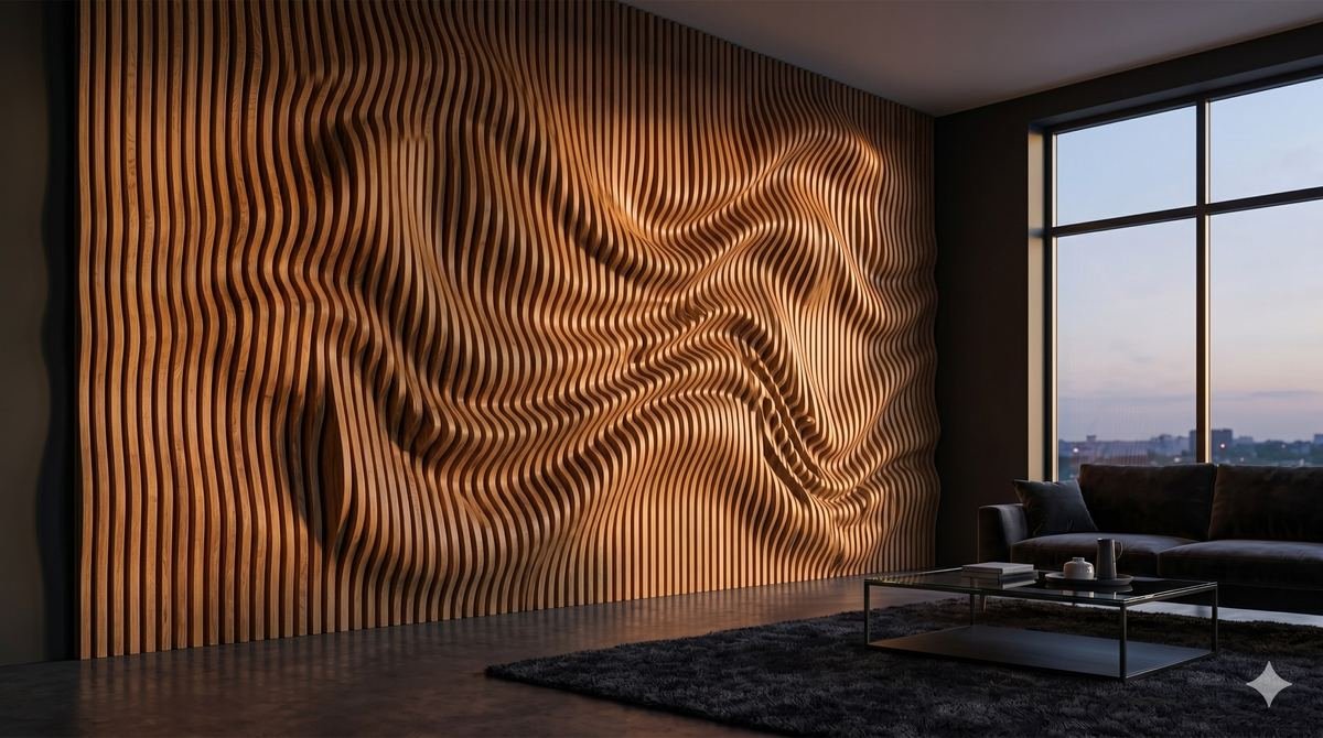 Oak parametric wave slat wall in a modern interior